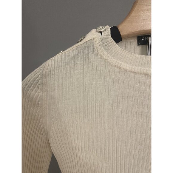 Chanel Cream Ribbed Knit Sweater With Button Shoulder Detail & Textured Design - Picture 4 of 15